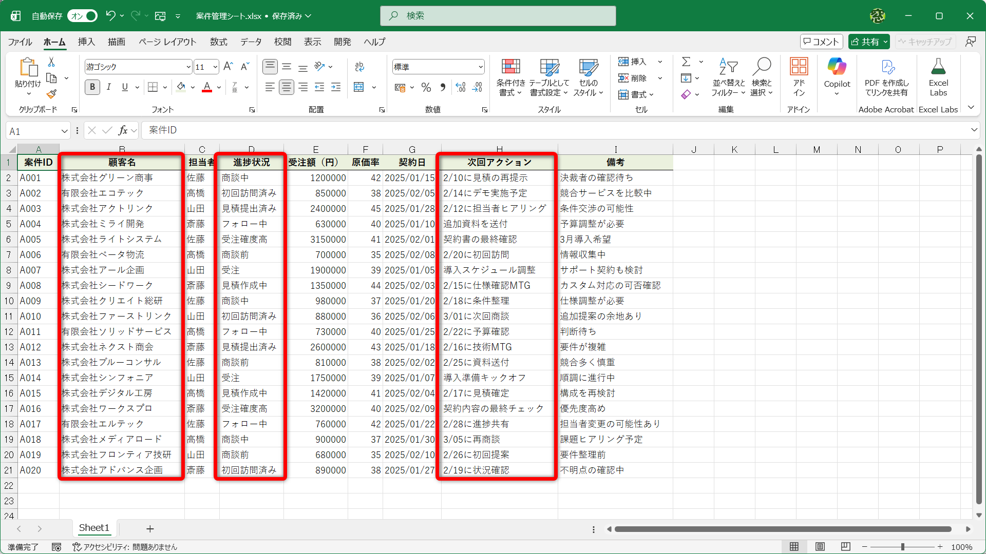 元のデータの例。例えば、営業担当者なら「顧客名」「進捗状況」「次回アクション」だけを見たいといった目的があるはずです