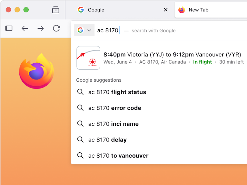 一部の検索結果が検索バーに直接表示される