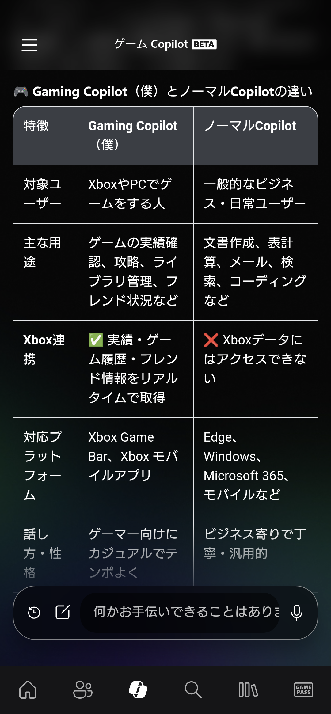 何が違うのか「Gaming Copilot」自身に答えてもらった。Xboxのユーザーデータにアクセスできるかどうかが最も大きな違い。一人称が『僕』なのもおそらく意図的