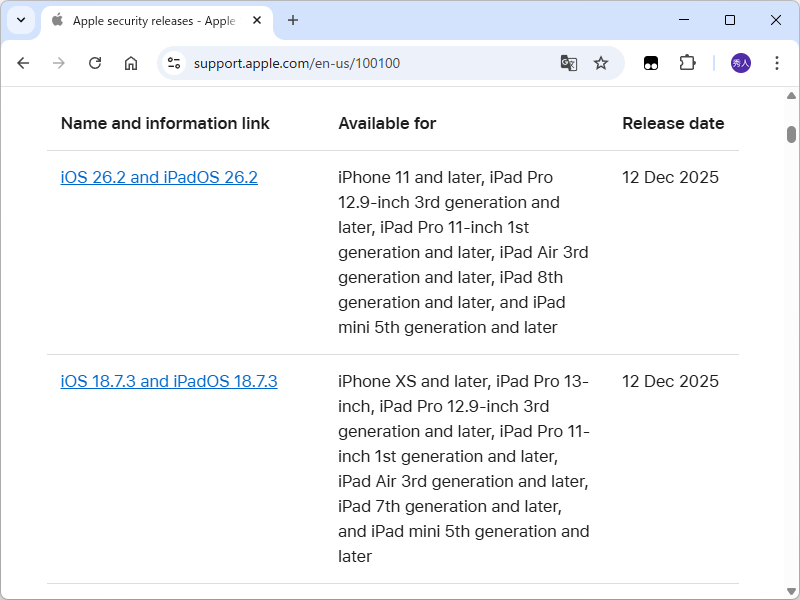 Apple、セキュリティ更新を実施