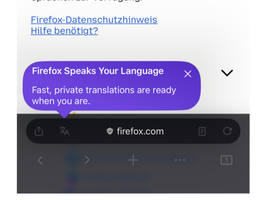 オンデバイス翻訳。閲覧ページの言語が「Firefox」の表示言語と異なる場合に、ポップアップで翻訳の提案が行われる