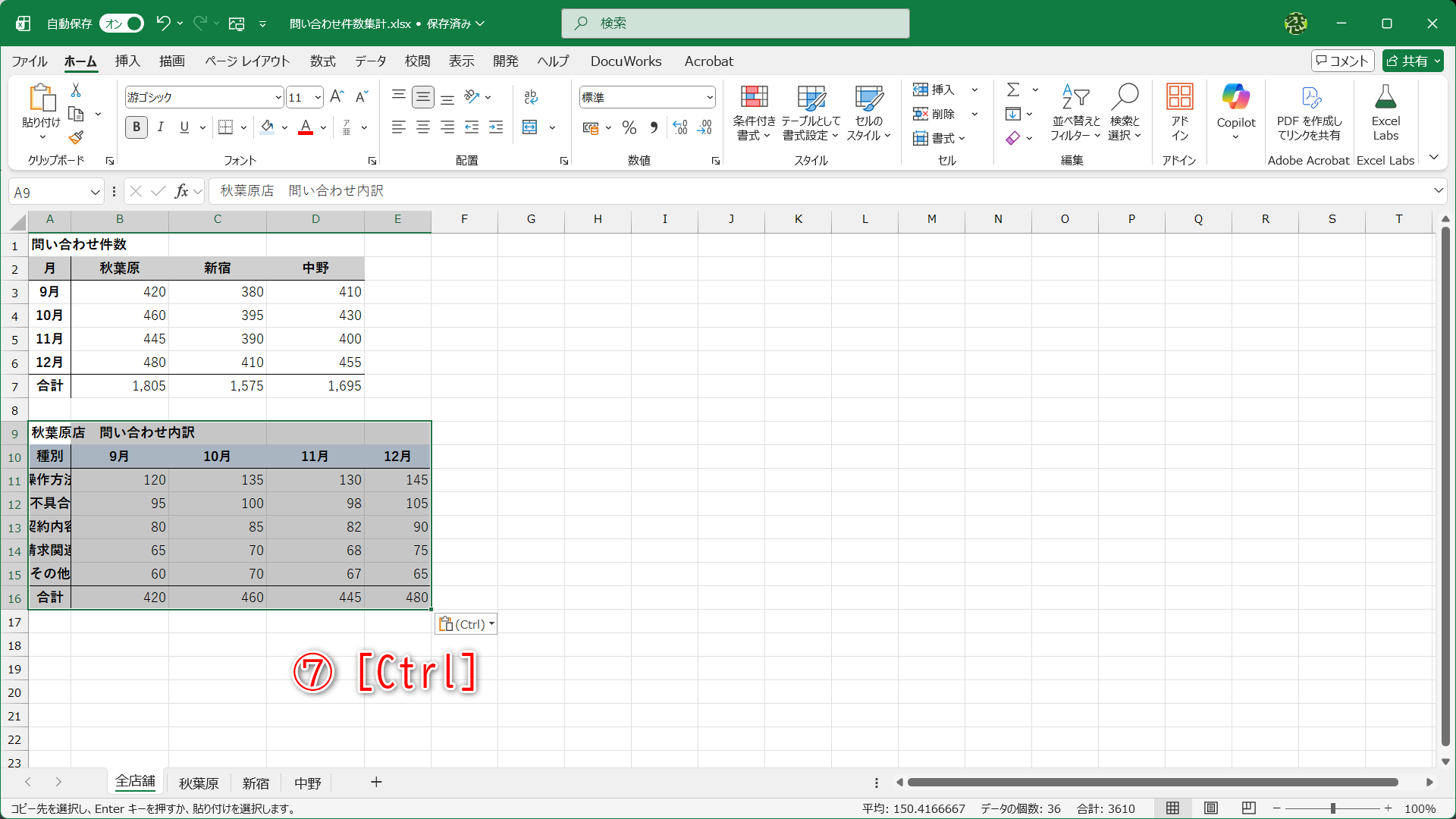 ［Ctrl］＋［V］キーを押して貼り付けた状態です。続けて［Ctrl］キーを押します（⑦）