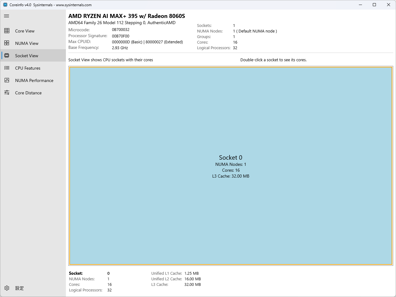 Socket View。一般消費者向けデバイスのほとんどはCPUソケットが1つしかないので、あまり有用な情報は得られない