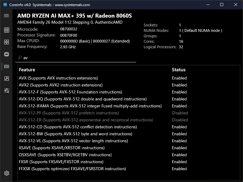 CPU Feature。キーワードによるフィルタリングも可能