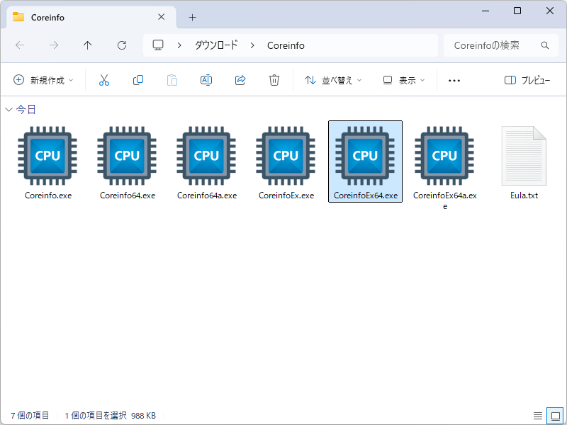 「Coreinfo」の書庫ファイルをダウンロードして展開。もっとも一般的なx64デバイスでGUIアプリを利用したい場合は、「CoreinfoEx64.exe」を選ぶとよい