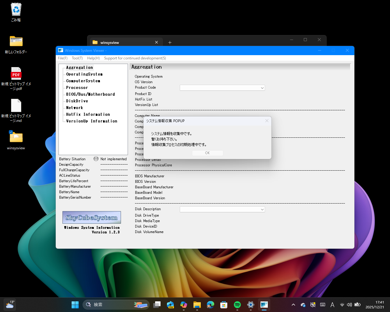 インストール不要のポータブルアプリ。「WinSysViewer」を起動すると、自動で情報の収集が始まる