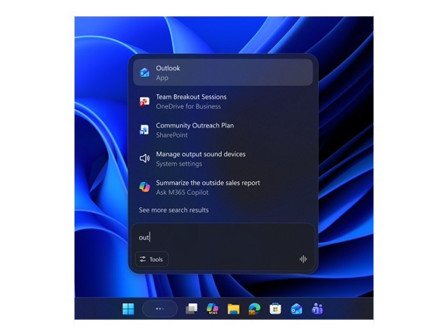 タスクバーの「Windows Search」ボックスと「Copilot」を組み合わせた実験的なユーザーインターフェイス「Ask Copilot」