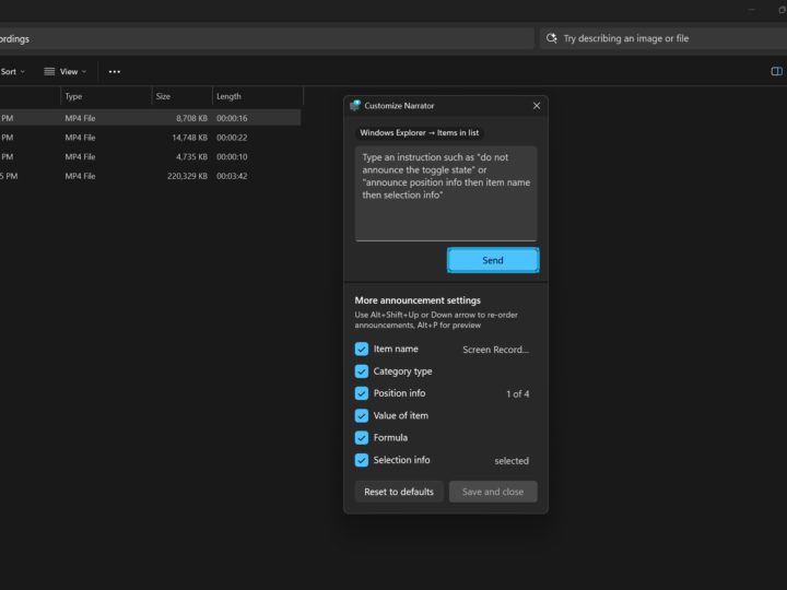 「ナレーター」では、ユーザーインターフェイス（UI）を読み上げる際の挙動を自然言語で調整できるように