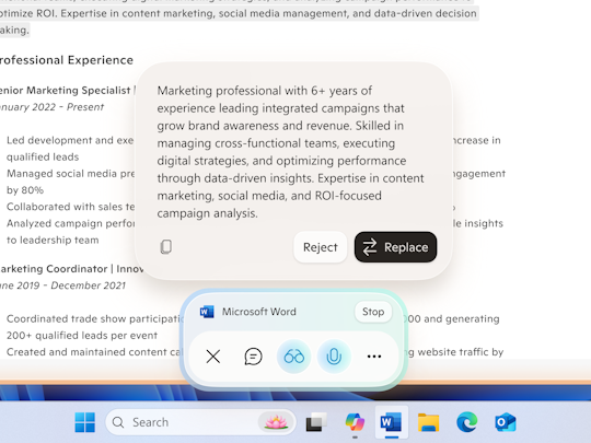 「Copilot on Windows」から「Copilot Vision」で共有中のアプリに対し、AIテキスト編集を実施