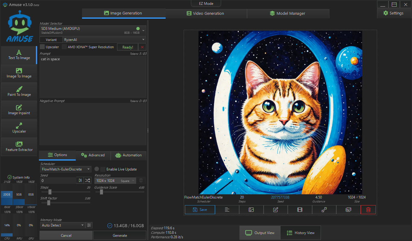「Amuse」。「SD3 Medium」の画像生成をNPUで処理できる