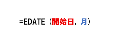 EDATE関数の構文。基準となる日付を引数［開始日］に指定します。［月］には月数を指定します。正の数は［開始日］より後の日付、負の数は［開始日］より前の日付が求められます。