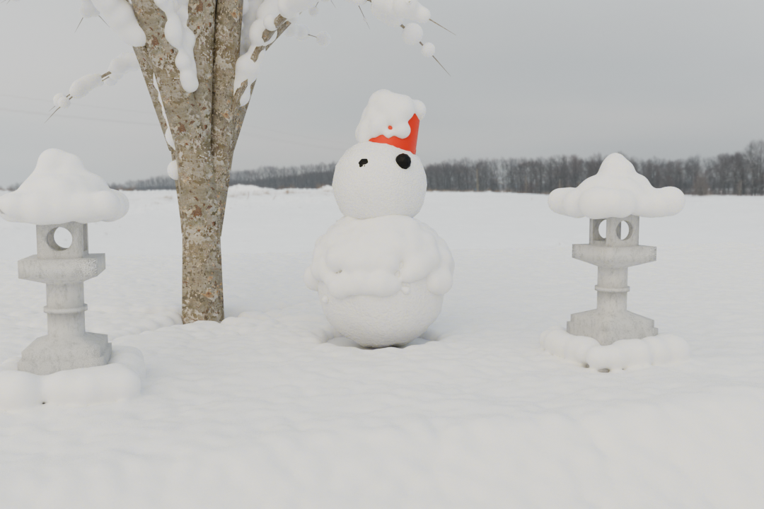 SDFボリュームノードを使用したジオメトリノード（<a href="https://blenderartists.org/t/snow-generator/1613506" class="n" target="_blank">Snow Generator</a>、wolf氏作）による作例