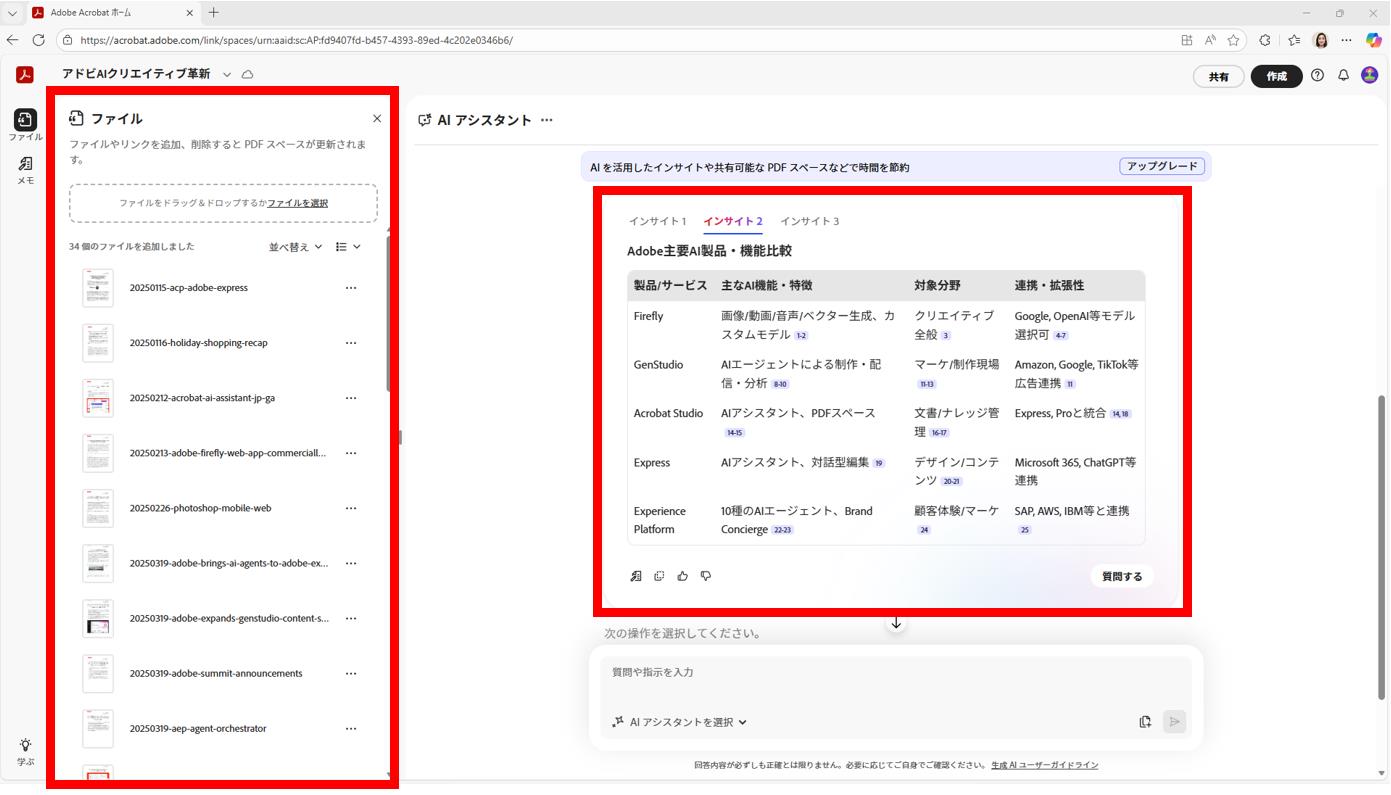 読み込ませた情報をもとに、インサイトが複数示される
