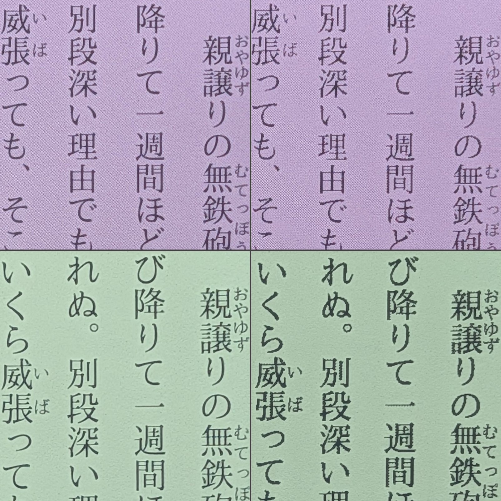 クオリティの比較。上段がカラーモデル、下段がモノクロモデル。左は画質優先、右は速度優先。クオリティだけ見れば左下（モノクロ＆画質優先）がもっとも上だ