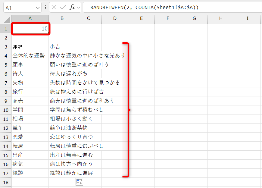セルA1の数値が変化して、おみくじの結果が切り替わった