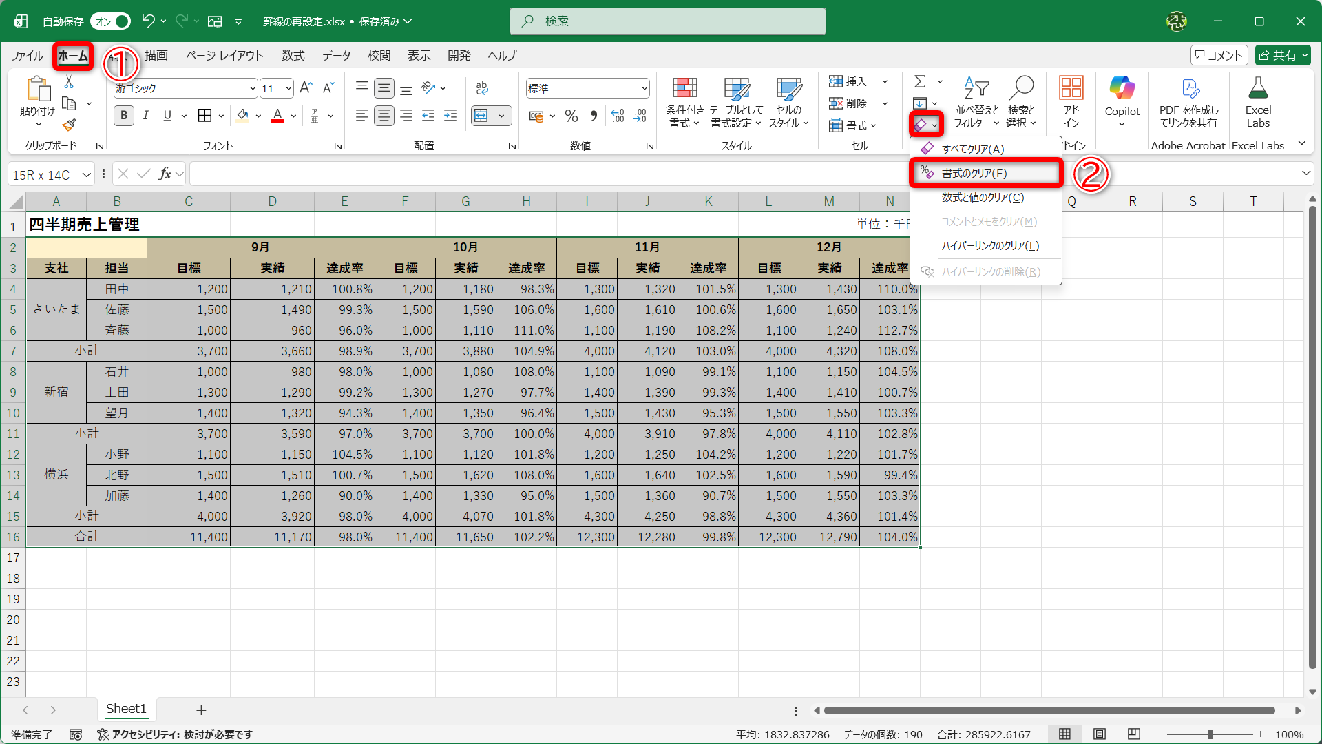 ［ホーム］タブ（①）にある［クリア］－［書式のクリア］（②）をクリックすると……
