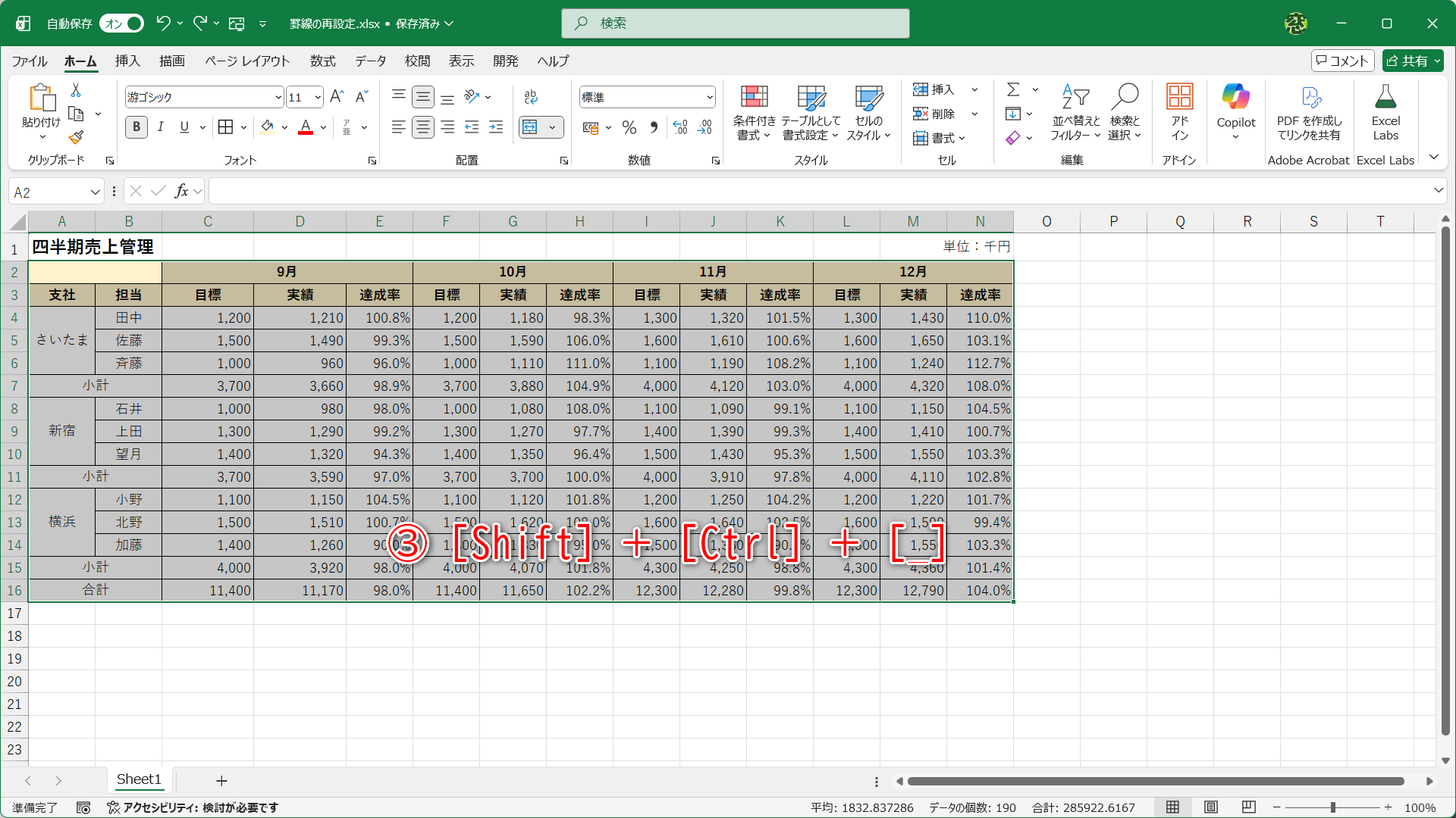 セル範囲を選択して、［Shift］＋［Ctrl］＋［_］キーを押します（③）