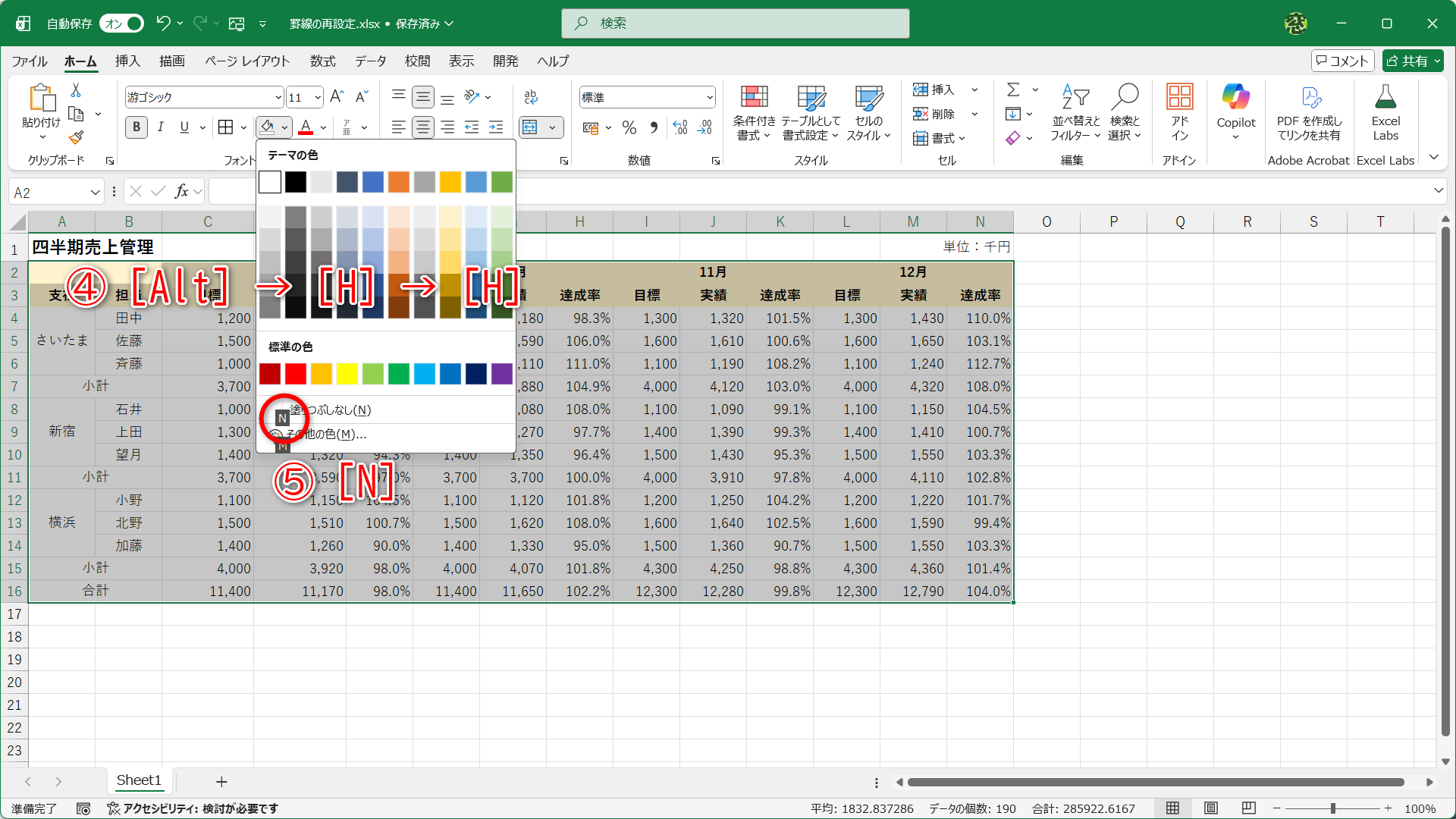 セル範囲を選択して、［Alt］→［H］→［H］とキーを続けて押してみましょう（④）。［塗りつぶしなし］の横に「N」と表示されることを確認できます。そのまま［N］キーを押します（⑤）