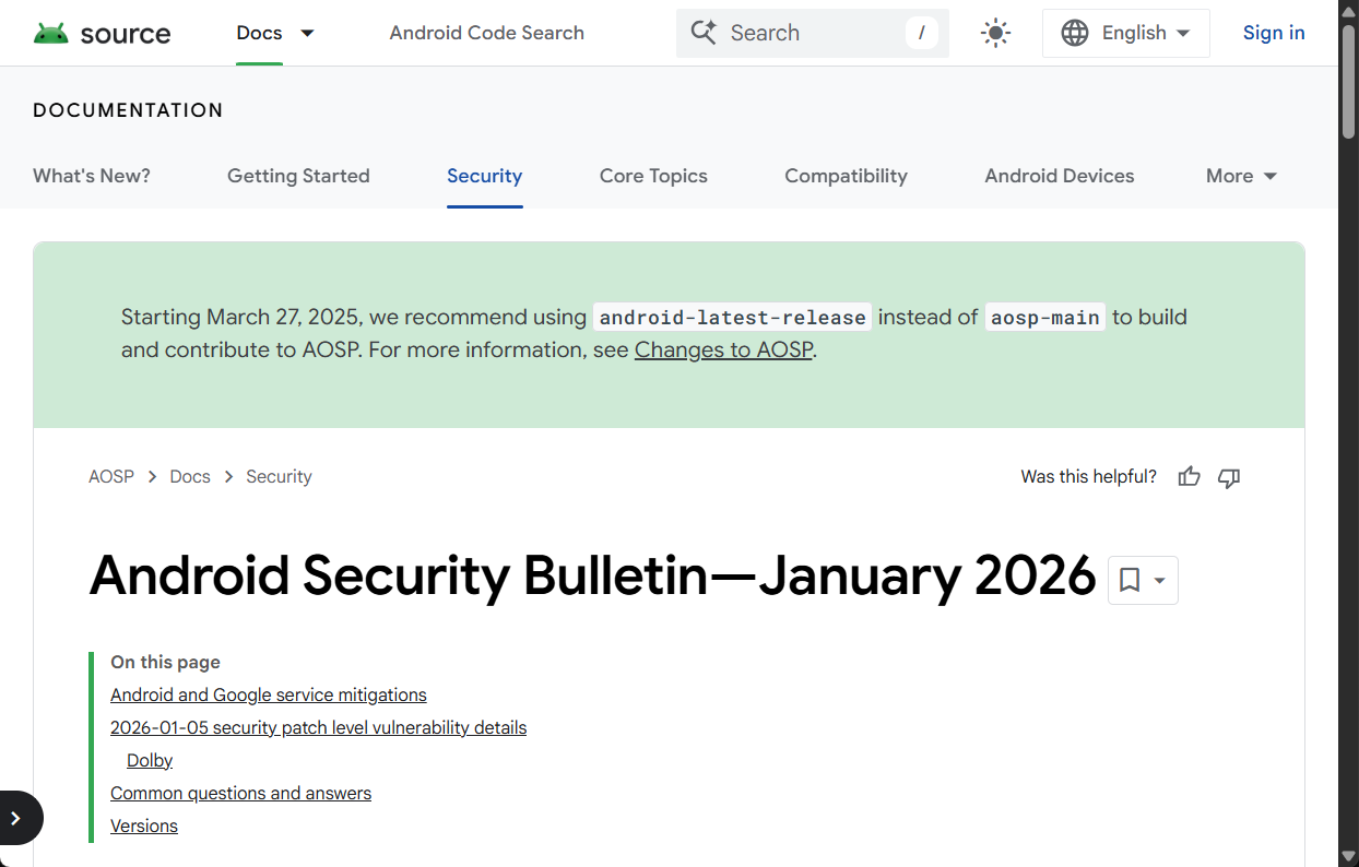 2026年1月のAndroidセキュリティ情報が公開