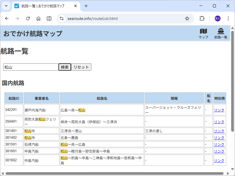 航路一覧。キーワードで目当ての航路を調べられる