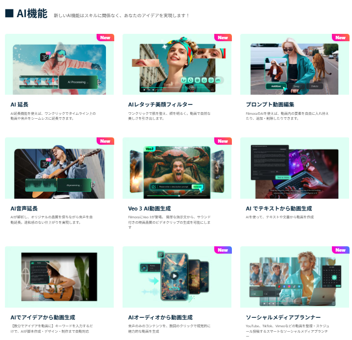 Filmoraが備えるAI機能の一覧。40種類を超える<a href="https://filmora.wondershare.jp/filmora-features.html?utm_source=other_media_sites&utm_medium=referral&utm_campaign=madonomori&utm_content=text_25172124_2026-01-30" class="strong nb" target="_blank">非常にたくさんのAIサポート機能</a>が用意されている。