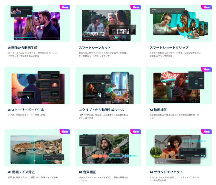 Filmoraが備えるAI機能の一覧。40種類を超える<a href="https://filmora.wondershare.jp/filmora-features.html?utm_source=other_media_sites&utm_medium=referral&utm_campaign=madonomori&utm_content=text_25172124_2026-01-30" class="strong nb" target="_blank">非常にたくさんのAIサポート機能</a>が用意されている。