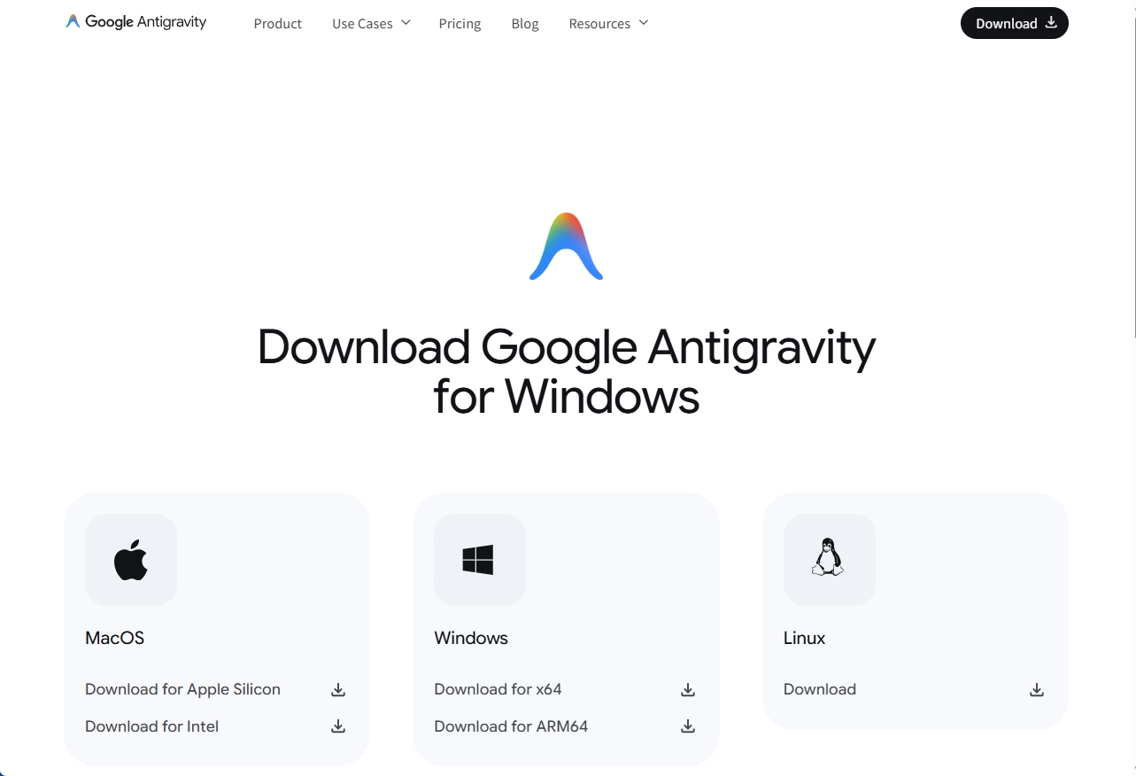 公式サイトから「Antigravity」のインストールファイルをダウンロード