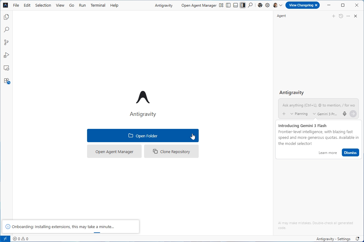 Antigravityを起動したら［Open Folder］をクリックしてフォルダーを選ぶ
