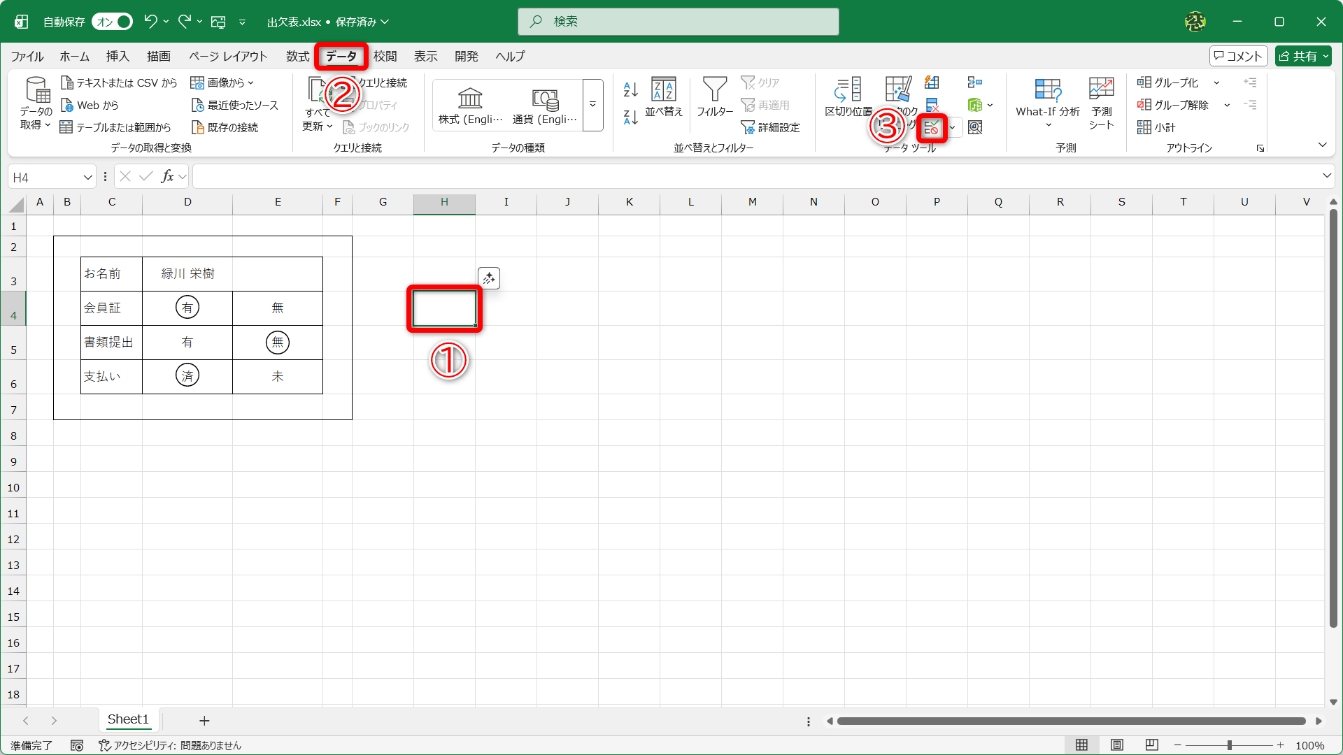 わかりやすいように項目の横のセルを選択しています（①）。［データ］タブ（②）にある［データの入力規則］（③）をクリックします