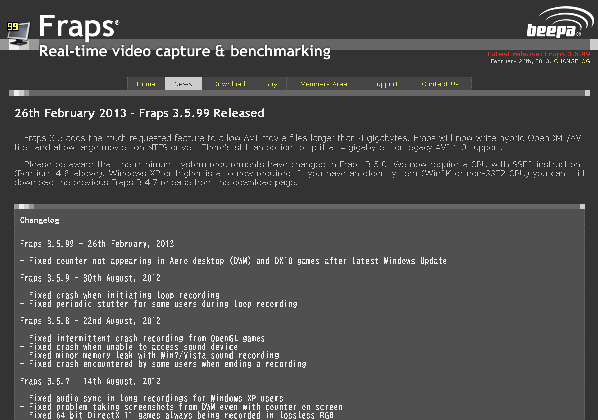 「Fraps」の公式サイトによると、最終更新は2013年
