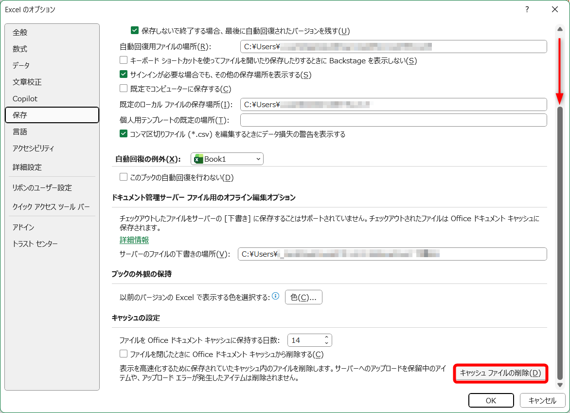 ［保存］の画面を一番下にスクロール。［キャッシュファイルの削除］をクリックする