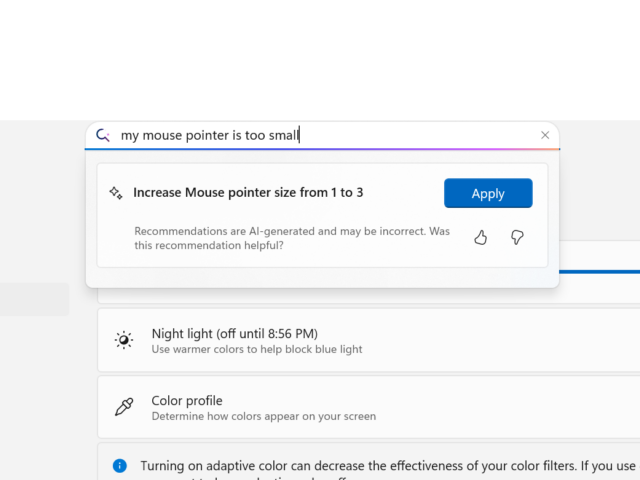 英語環境の「Copilot+ PC」で提供されている「設定」エージェント。ローカルAIにより、検索プルダウン上でオプションの変更や適用が提案される