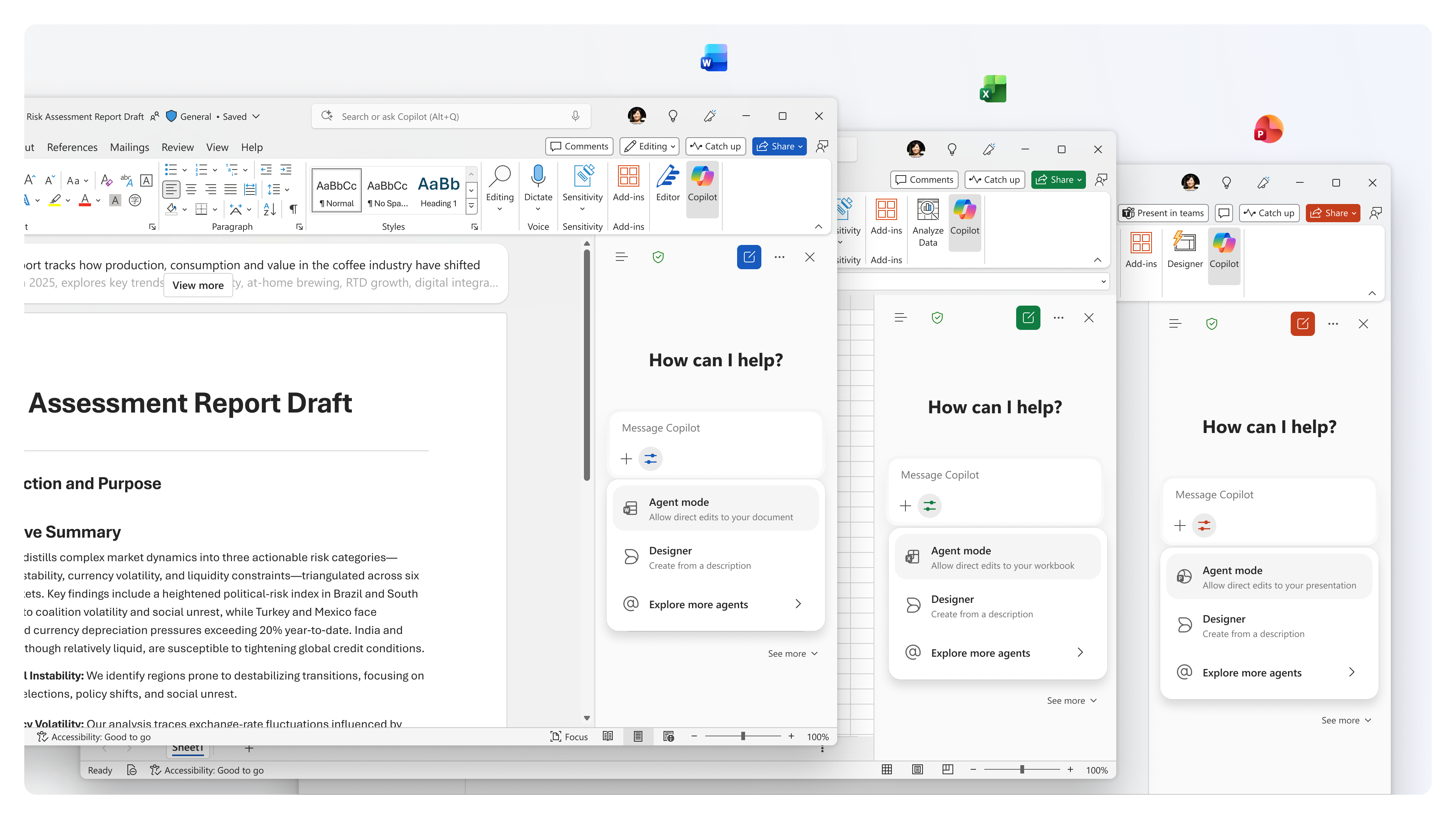 「Word」、「Excel」、「PowerPoint」のエージェントモード