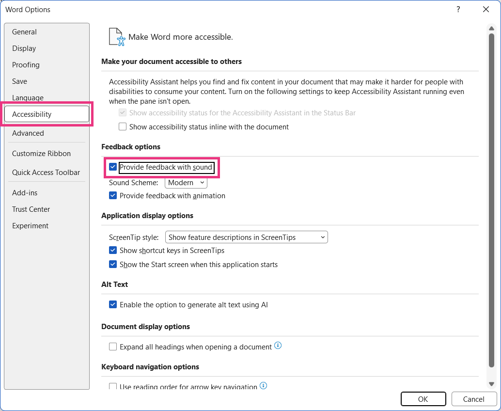 サウンドフィードバック機能は［オプション］－［アクセシビリティ］ダイアログから有効化できる