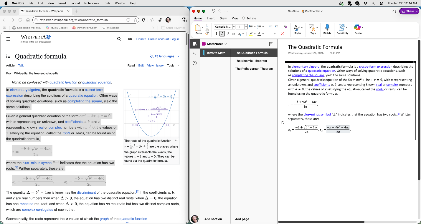 「Copilot」や「Wikipedia」に掲載されている「MathML」数式をそのまま「OneNote」へ貼り付け、「Office Math」数式として扱える