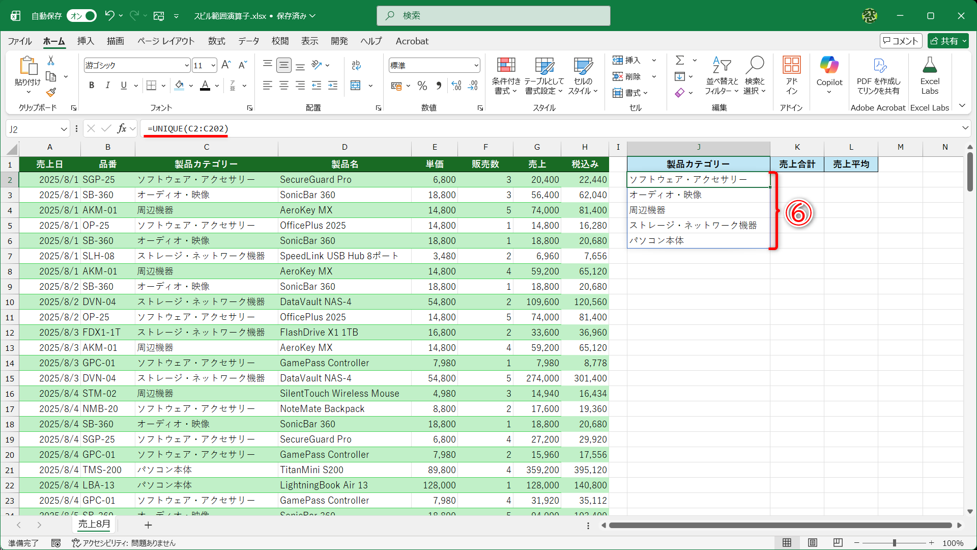 製品カテゴリーはUNIQUE関数によってスピルで表示されています（⑥）