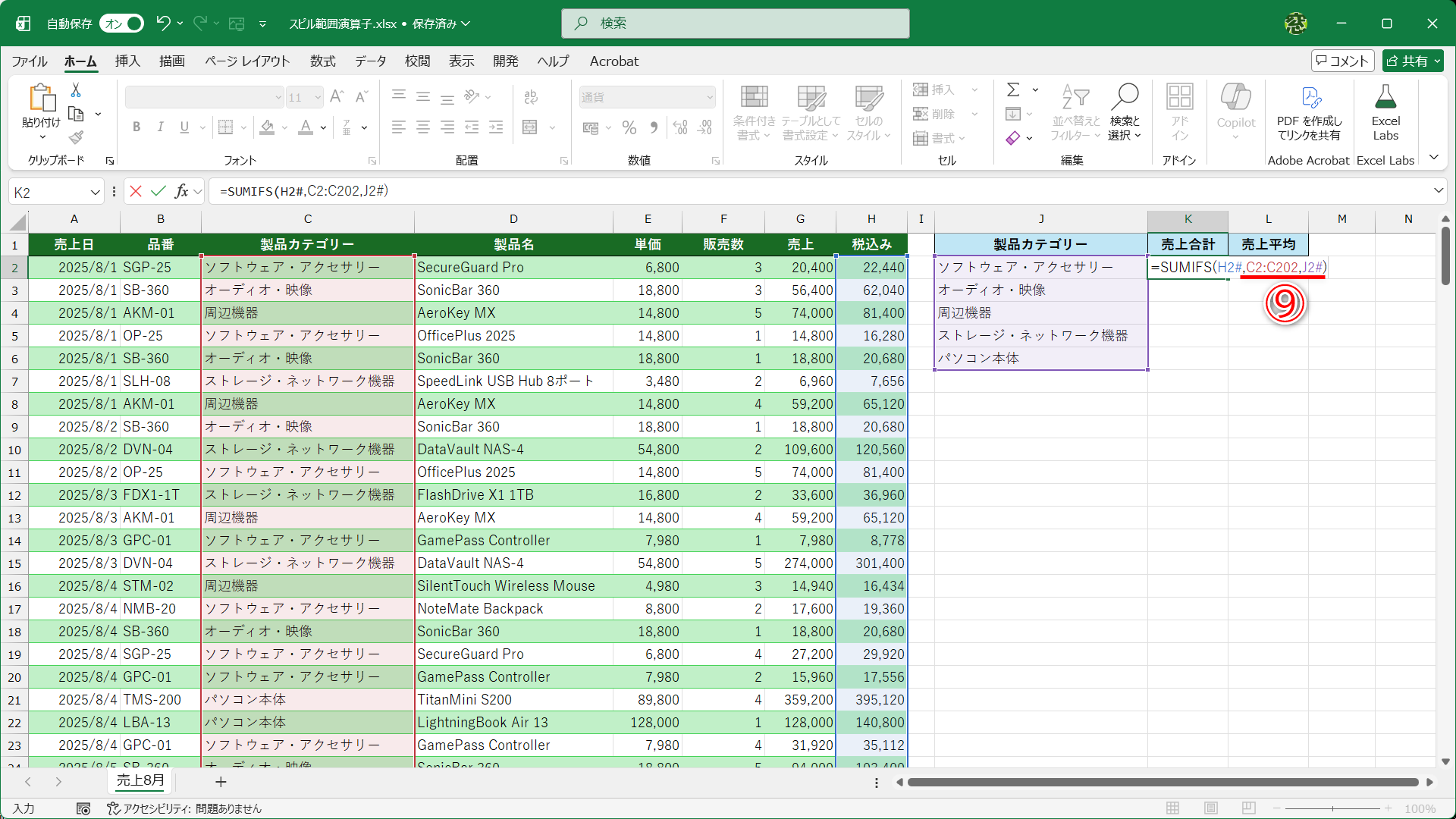 続けて「,C2:C202,J2#)」と入力します（⑨）。「J2#」は、セルJ2に入力されたUNIQUE関数の結果のセル範囲、つまりセルJ2～J6を意味します
