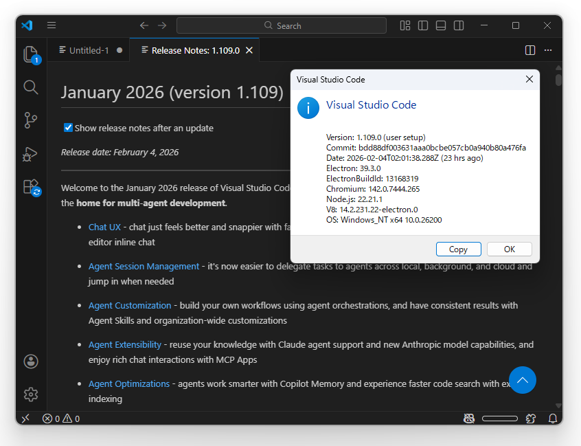 「Visual Studio Code」の2026年1月アップデート（v1.109）