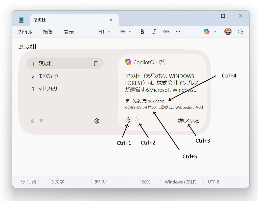 「Copilot Answer」ウィンドウとキーボードショートカット