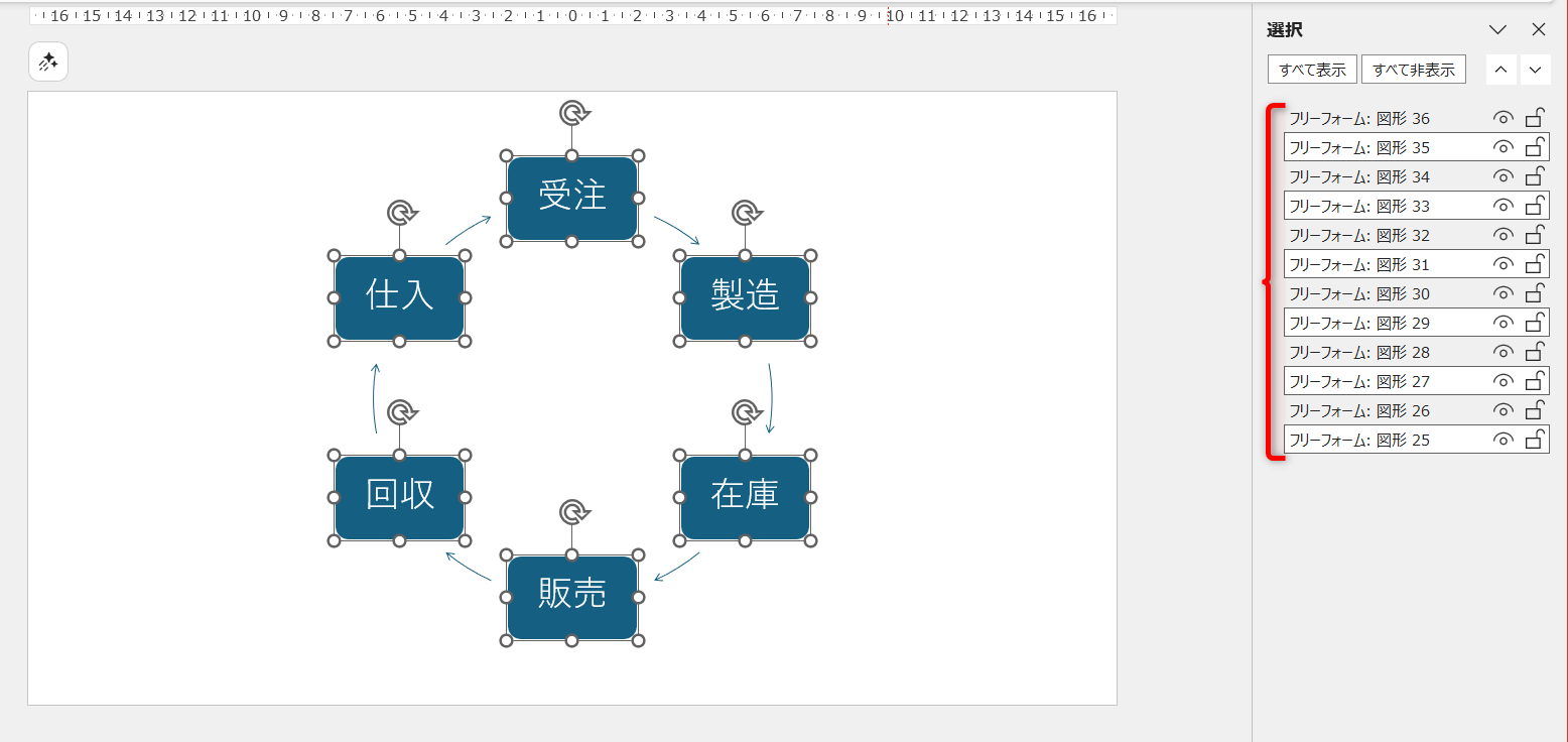 ［Ctrl］キーを押したまま、パネルの項目をクリックすると、テキスト入りの図形をすべて選択できる