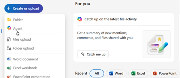 Web版「OneDrive」へアクセスして、［作成またはアップロード］ボタンのプルダウンメニューでエージェントの作成を選ぶ