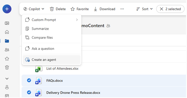 Web版「OneDrive」でコンテンツを選択して、ツールバーからエージェントを作成することも