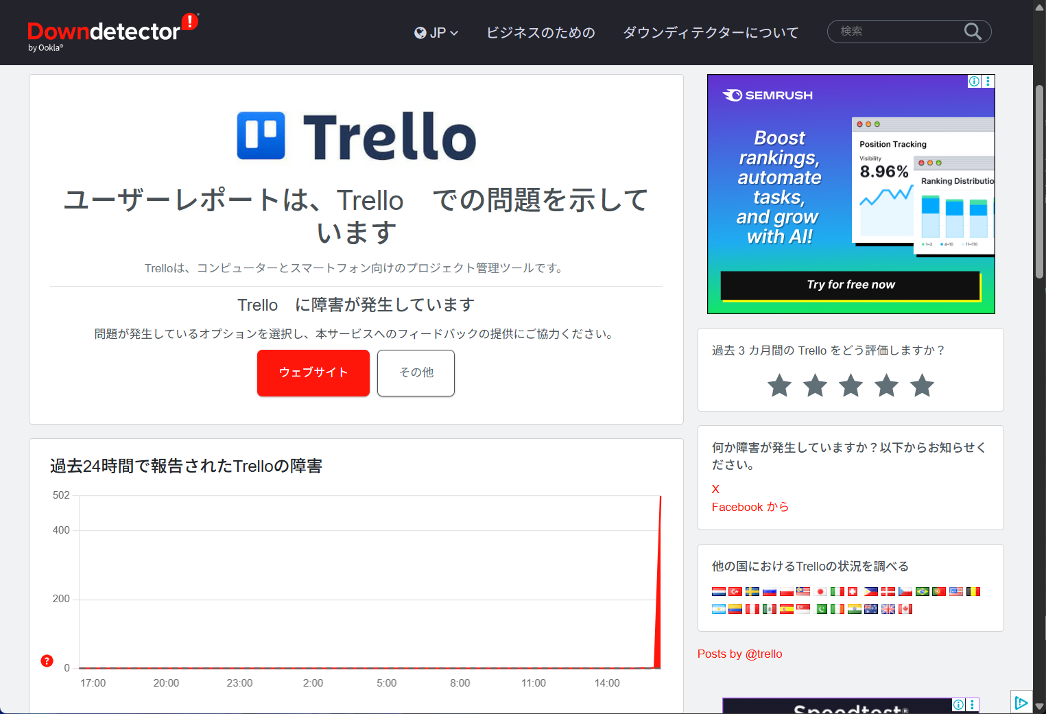 「Downdetector」でも、障害報告が急増