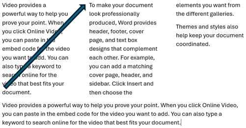 段組みした文書において、1列目の末尾で［↓］キーを押すと、直下の文章ではなく「2列目の先頭」へ正しく移動する