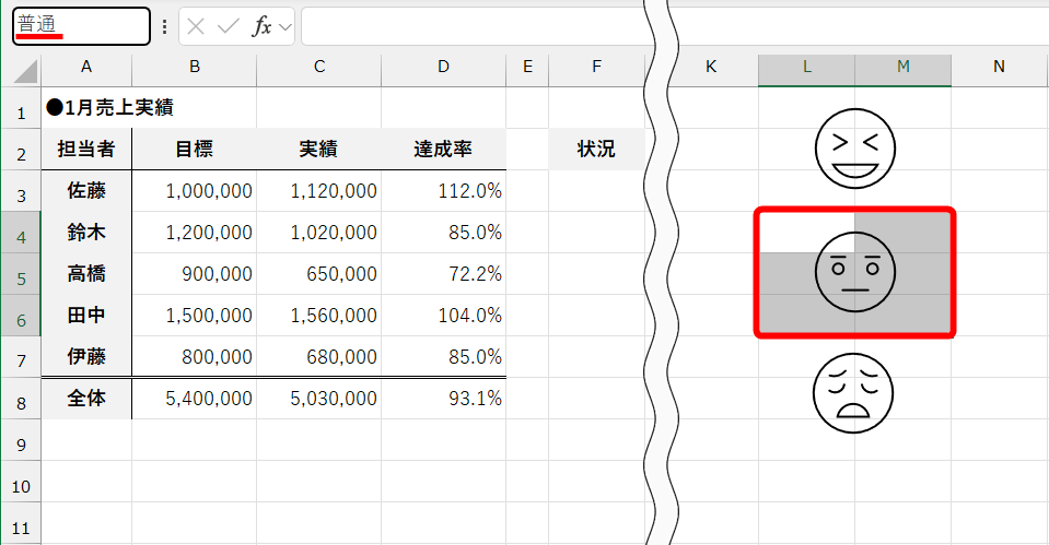 同様にセルL4～M6を選択して「普通」と名前を付ける