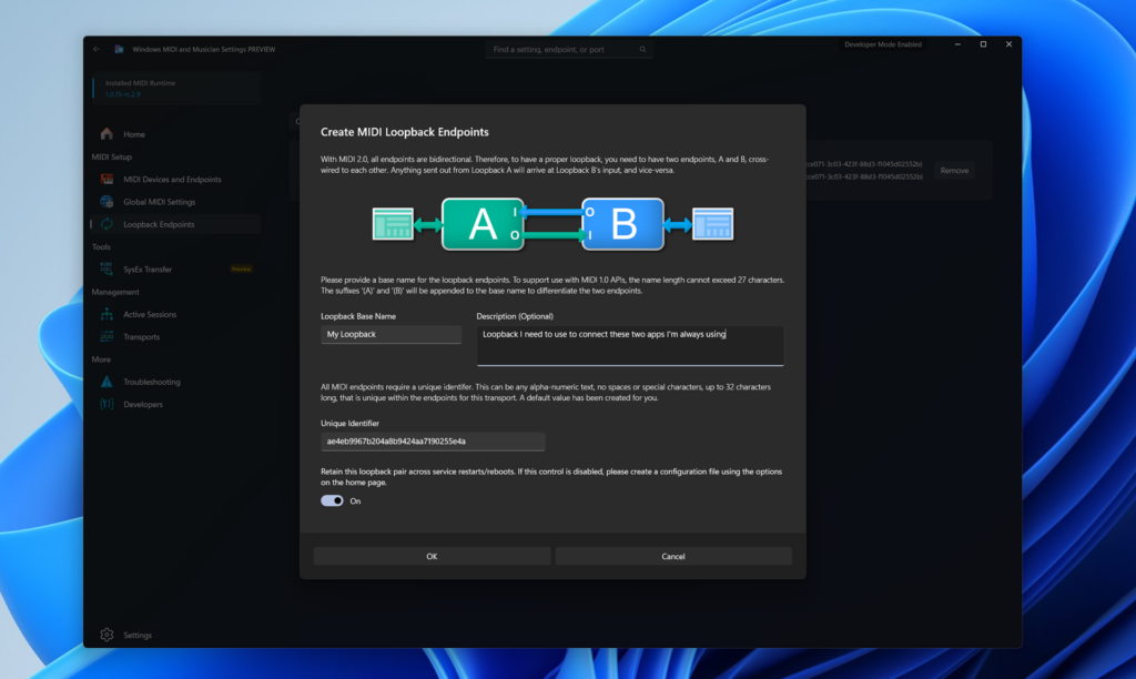 今後配信予定のMIDI設定アプリで自分だけのループバックエンドポイントを作成することも
