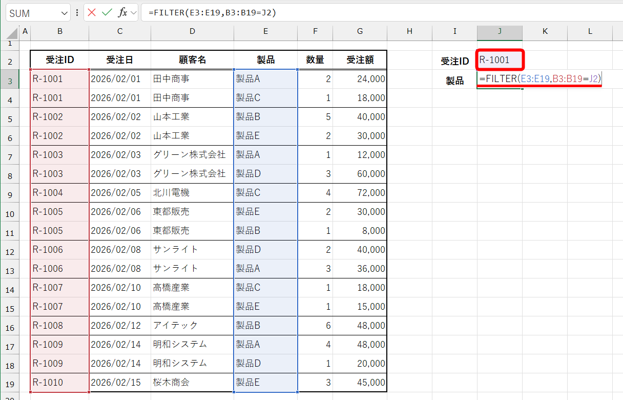 セルJ2には条件式から参照する受注ID（R-1001）が入力してある。セルJ3に「=FILTER(E3:E19,B3:B19=J2)」と入力する