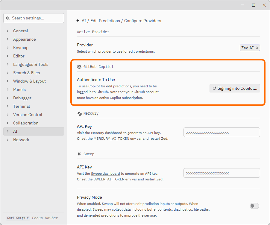 設定ダイアログの［AI］－［General］ページでプロバイダーを設定