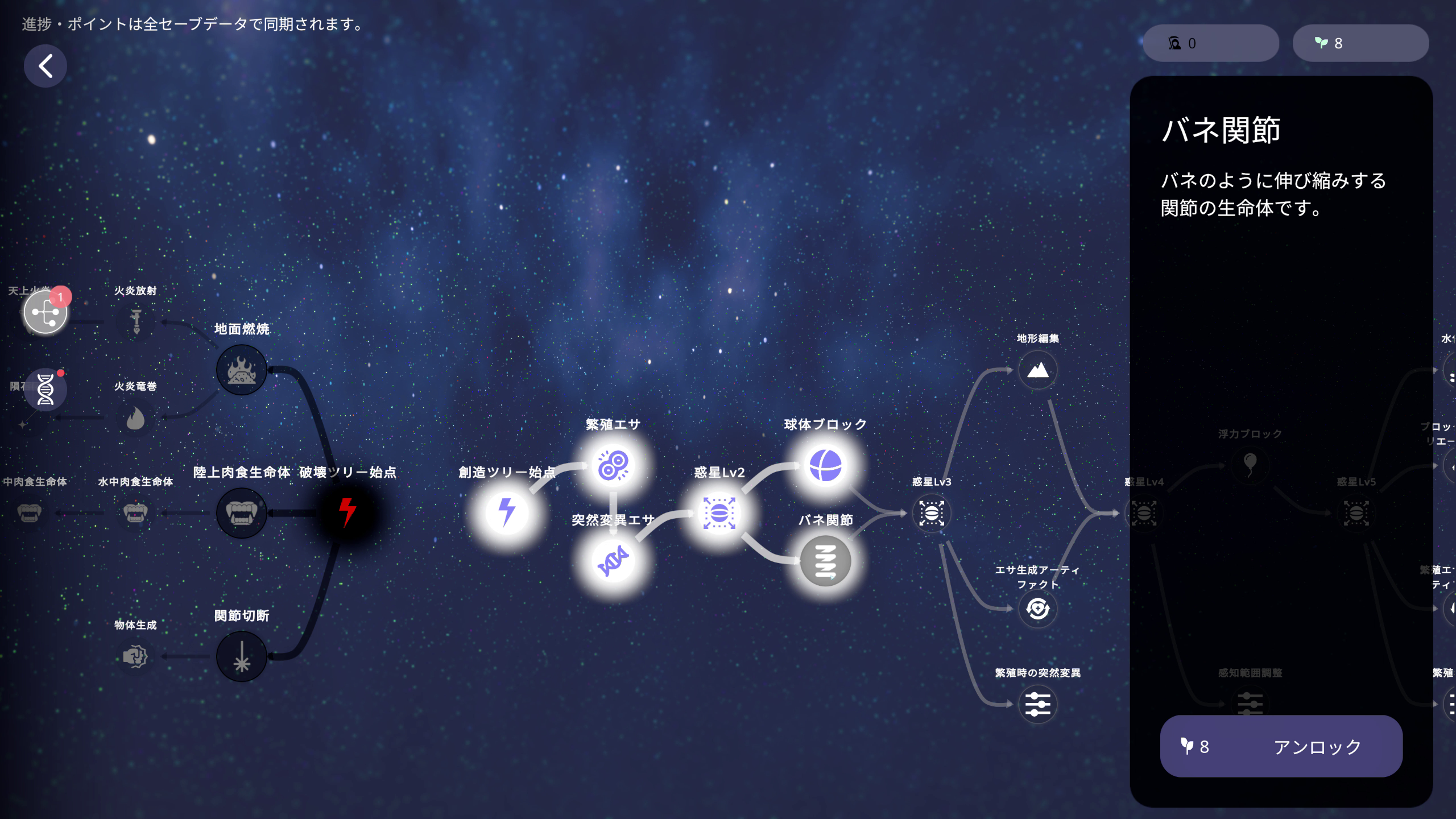 ツリー型の機能リストをアンロックしていく