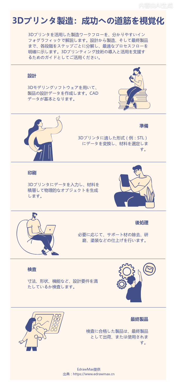 「3Dプリンタを用いた製造ワークフローを説明するためのインフォグラフィック」